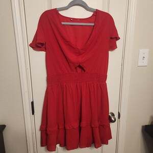 Red Short Sleeve Ruffle V-Neck Cutout Mini Dress